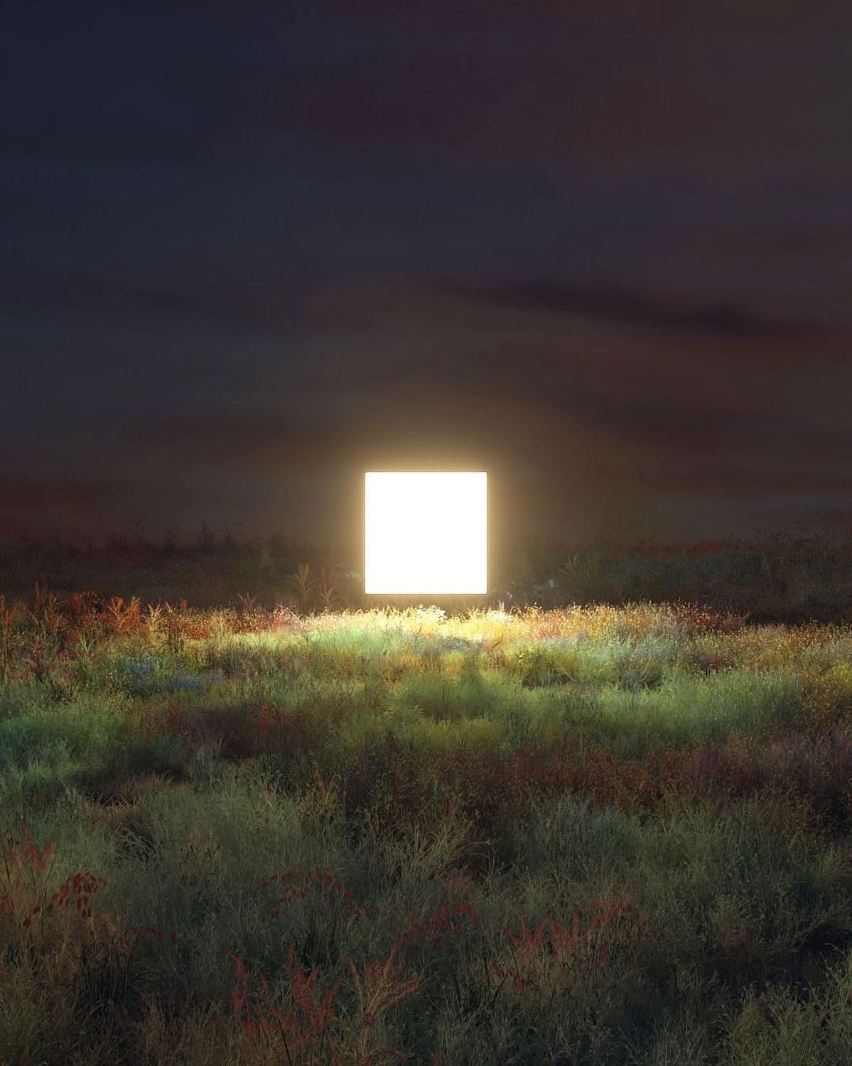 A glowing cube resting in a wild meadow at dusk